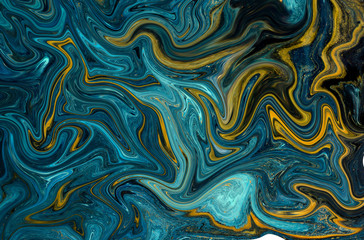  Marble abstract acrylic background. Blue marbling artwork texture. Agate ripple pattern. Gold powder.