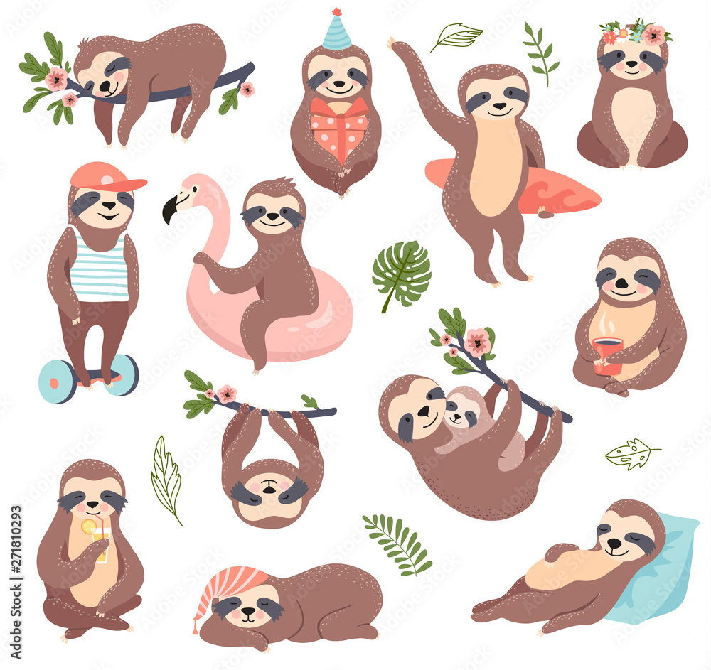 Cute sloth set, funny vector illustration for print, posters, sticker kit. - obrazy, fototapety, plakaty 