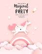 Unicorn Birthday Invitation Template, Welcome baby greeting card, vector paper art