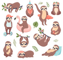 Cute Sloth Set, Funny Vector Illustration For Print, Posters, Sticker Kit.