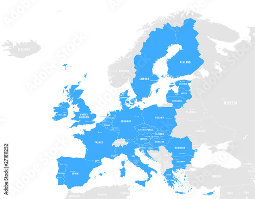 Fototapeta na szkło Kraje Unii Europejskiej. Angielski opis. Mapa polityczna z granicami i nazwami krajów. 28 członków UE, w kolorze jasnoniebieskim. Polityczny i gospodarczy