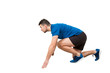 © 1STunningART - Side vie full length of determined caucasian man runner standing in running position looking ahead confident. Guy sprinter wearing black and blue sportswear ready at the start line.