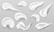 © vectorpouch - White cream smears swatch set. Cosmetics beauty skin care product strokes isolated on transparent background, foundation, milk, lotion, foam drops texture. Realistic 3d vector illustration, clip art.
