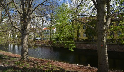 Spring impressions from the water jump (Mühlengraben) at the Victoria Shore (Viktoria-Ufer) in Old Town (Altstadt) from Berlin Spandau (since March 7, 1232 city rights) of April 6, 2017, Germany