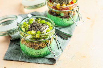 Two chia seed pudding with matcha green tea