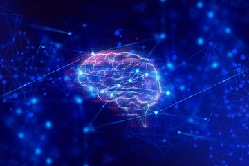 brain data ai technology, robotic, molecule of chemical, atom cell science, hacker online cyber network, system of background illustration 3d rendering, futuristic, cloud storage deep learning