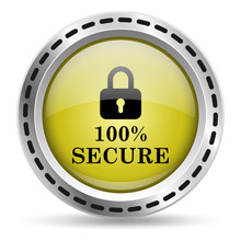 100 Percent Secure Icon. Yellow Glossy Button For Web Design. Metal Case. Vector.