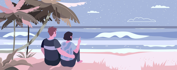 Vector illustration of a couple on a honeymoon by the sea or ocean. Romantic exotic beach with a man and a woman watching a starry sky. Summer theme banner, flyer for a travel agency or tour operator.