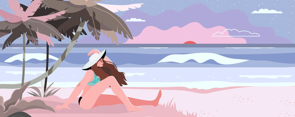 Summer theme banner, flyer with a beach, sea landscape and a woman watching sunset. Vector illustration of a tropic island, palm tree, white sand and ocean. Creative and beautiful summer background.