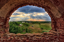  View Through The Window Of An Abandoned Church In Russia At The Village At Sunset