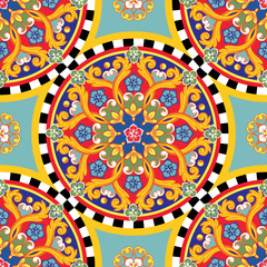 Wall Mural - Seamless bright background. Colorful ethnic round ornamental mandala. Trendy pattern. Vector illustration