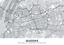 Queens Map. Light Poster With Map Of Queens Borough (New York, United States). Highly Detailed Map Of Queens With Water Objects, Roads, Railways, Etc. Printable Poster.