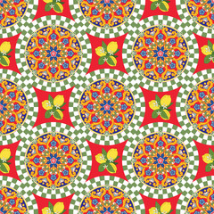 Wall Mural - Seamless pattern background. Colorful ethnic round ornamental mandala with lemons. Vector illustration