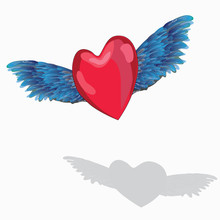 Flying Red Heart With Blue Wings.  Vector Illustration Of The Heart With Blue Wings Flying Above The Shadow On White Background