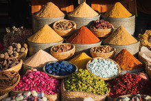 Colorful Spices At A Traditional Market In Marrakech, Morocco