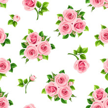 Vector Seamless Pattern With Pink Roses On A White Background.