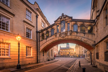 Bridge Of Sign With The Sheldonian Theatre Background And Street Lamp Foreground During Twilight At Oxford, UK