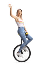 Young Beautiful Woman Riding A Unicycle And Waving