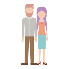Wall Mural - faceless couple colorful silhouette and him with beard and shirt and pants and shoes with side parted hairstyle and her with blouse and skirt and heel shoes with braided hair