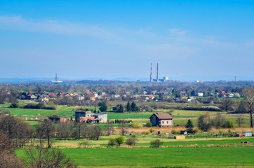 Spring urban landscape. Houses in the countryside in Poland.