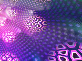 Pink and Purple Abstract Background Image, Graphic Illustration Artistic Resource, Lines and Symmetrical Honeycomb Patterns, Glowing Neon Colors. Modern Fractal Digital Art. Light Effects