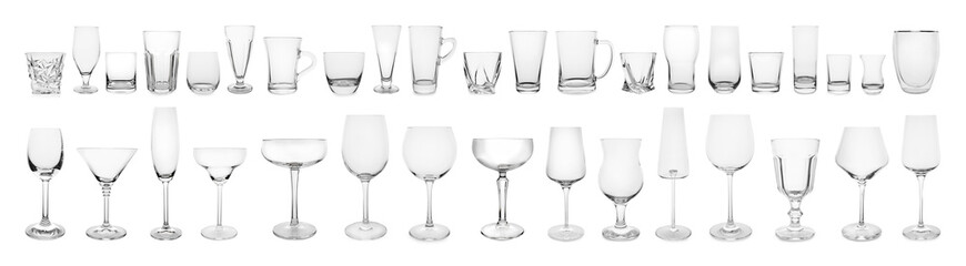 Set of different empty glasses on white background. Banner design