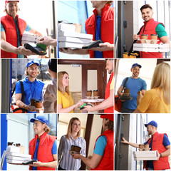 Canvas Print - Set of couriers with orders. Food delivery service