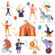Set of circus artists and animals in a flat cartoon style. Elements of circus show. Fun fair tent. Vector illustration.