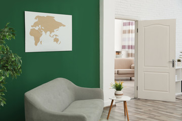 Wall Mural - Living room interior with stylish furniture and open door