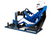 © stockphoto-graf - race driver in blue overall with helmet training on simracing aluminum simulator rig for video game racing. Motorsport car bucket seat steering wheel pedals isolated white background