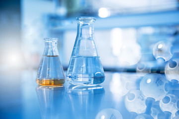 Wall Mural - two glass flask in chemical science laboratory with molecular structure in blue background