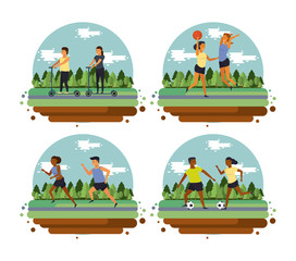 Wall Mural - Fitness people training sports cartoons