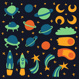 Fototapeta Dinusie - Cosmic sticker set isolated on dark background. Cosmos decorations template. Vector illustration.