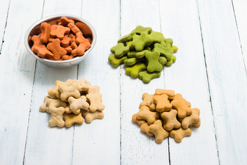 Poster - portion of dog food at tin bowl, brown and green heap of feed on floor