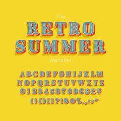 Canvas Print - Vector summer font and alphabet. Retro vintage numbers and letters for banner or poster design