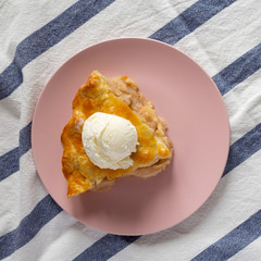 Wall Mural - Slice of homemade apple pie with ice cream on a pink plate, top view. Flat lay, overhead, from above.