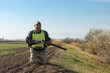 © Mountains Hunter - Hunter with a german drathaar and spaniel, pigeon hunting with dogs in reflective vests