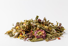 Chamomile Mixes With Lemongrass And Hibiscus Herbal Tea, Over White