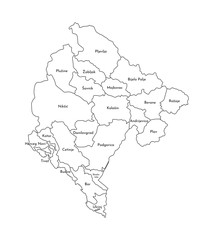  Vector isolated illustration of simplified administrative map of Montenegro. Borders and names of the regions. Black line silhouettes