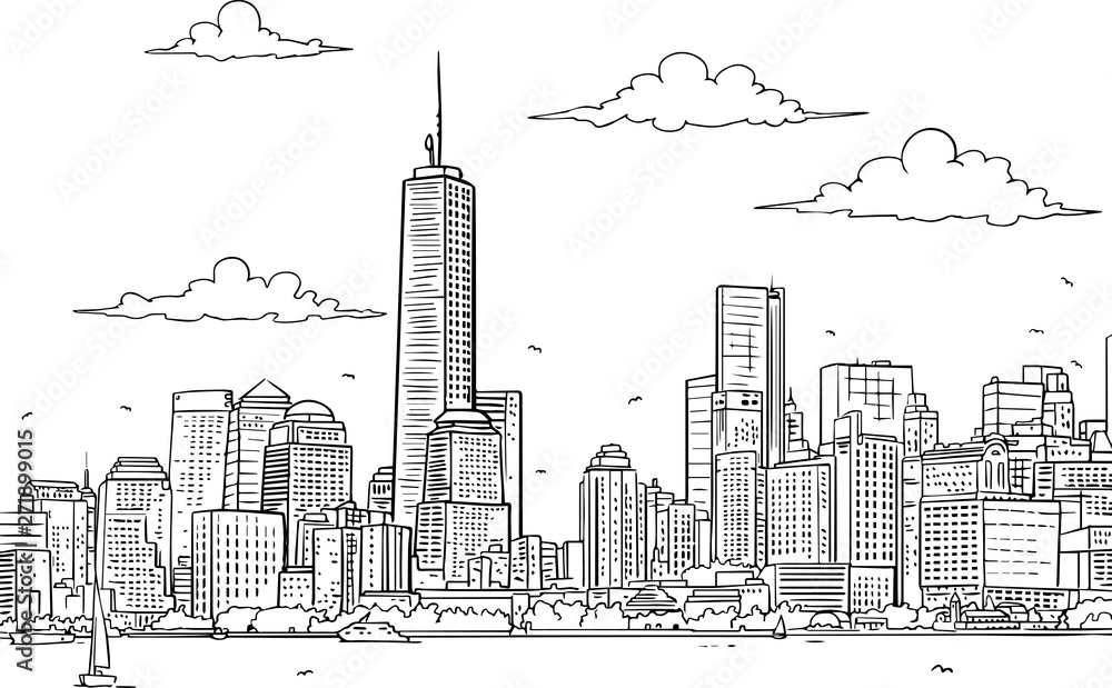Line Art Vector Illustration of Modern Big City Background with ...