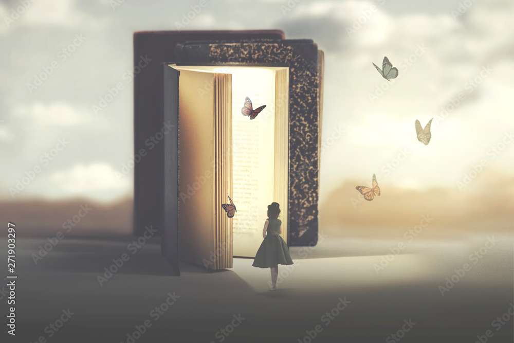 poetic encounter between a woman and butterflies coming out of a book - obrazy, fototapety, plakaty 