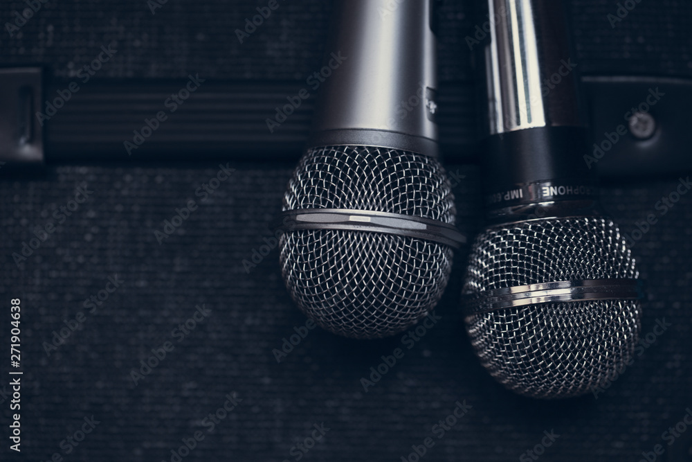 Two dual microphone for vocalists duet of singers concept. - obrazy, fototapety, plakaty 