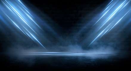 Canvas Print - dark empty scene, blue neon searchlight light, wet asphalt, smoke, night view, rays. empty black stu