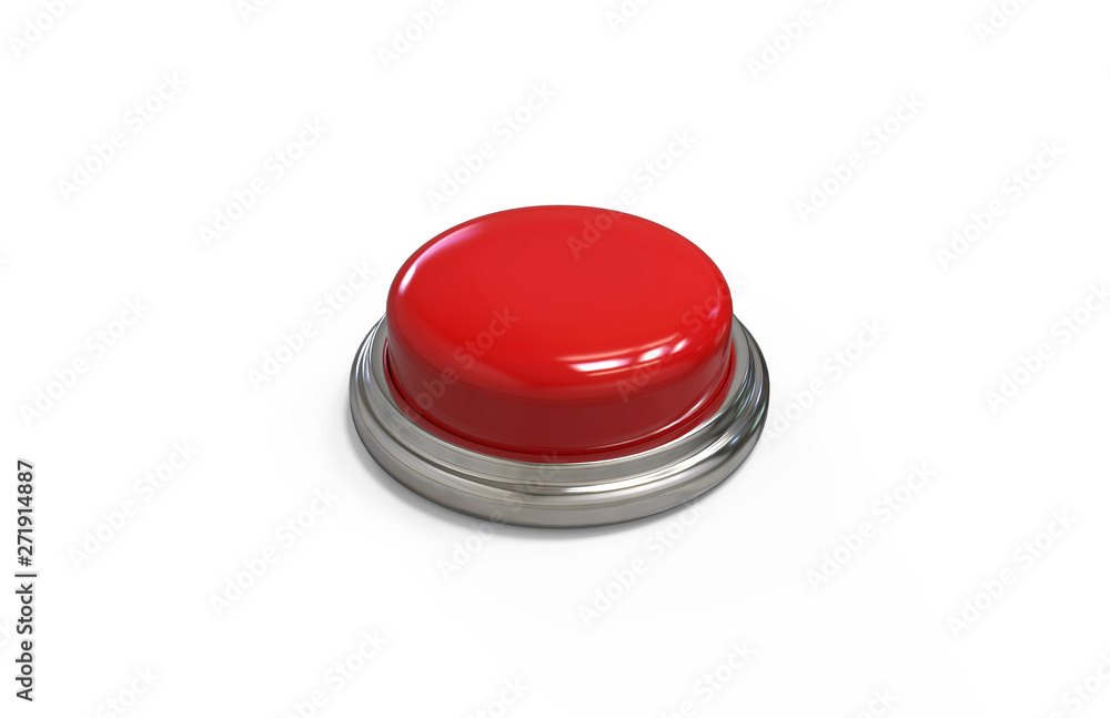 Red round push button with metallic border on isolated white background, 3d illustration - obrazy, fototapety, plakaty 