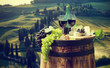 Red wine bottle and wine glass on wodden barrel. Beautiful Tuscany background.