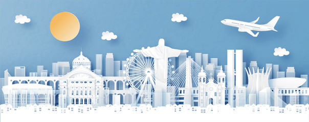 Fototapete - Panorama view of Brazil and skyline with world famous landmarks in paper cut style vector illustration