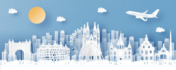 Fototapete - Panorama view of Barecelona, Spain and city skyline with world famous landmarks in paper cut style vector illustration