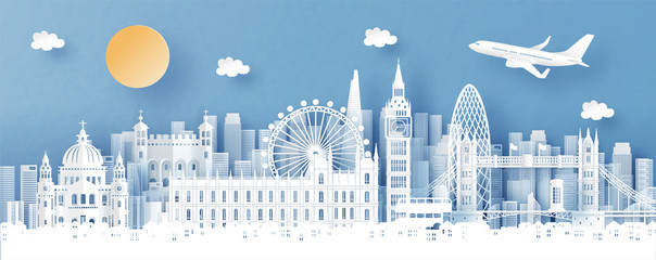 Fototapete - Panorama view of London, England and city skyline with world famous landmarks in paper cut style vector illustration