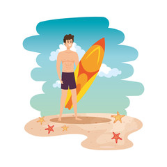 Canvas Print - young man with swimsuit and surfboard on the beach