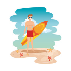 Canvas Print - young man with swimsuit and surfboard on the beach